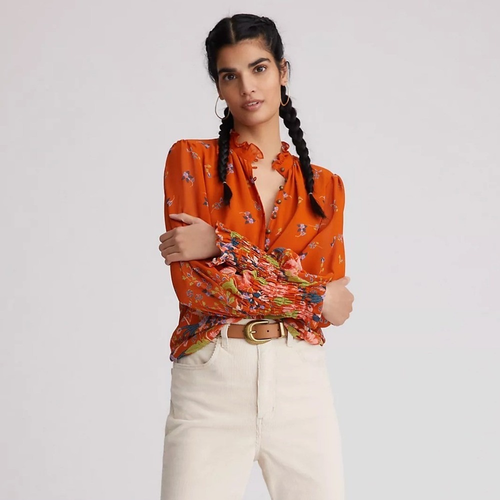 Anthropologie Womens XS Blouse Floral Chiffon Bird Print Ruffle Neck Smocked - Picture 2 of 11